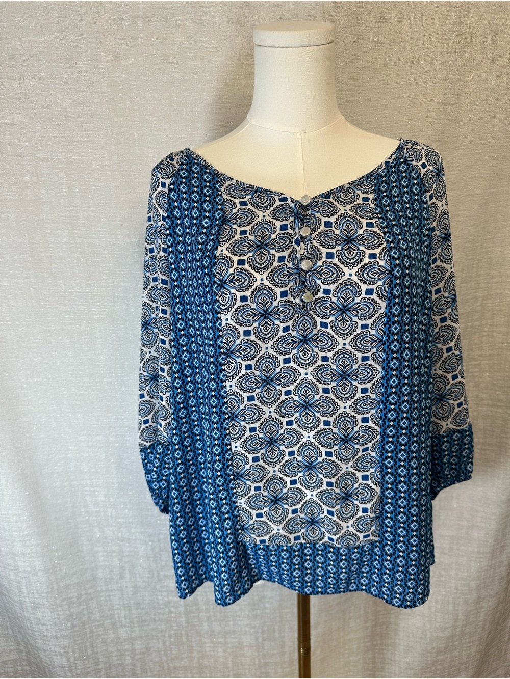 Kim Rogers Boho, Patchwork, Paisley Blue & White Printed Peasant Blouse Tunic